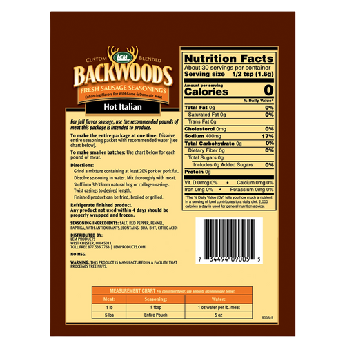 LEM® Backwoods® Hot Italian Sausage Mix
5 lb Meat