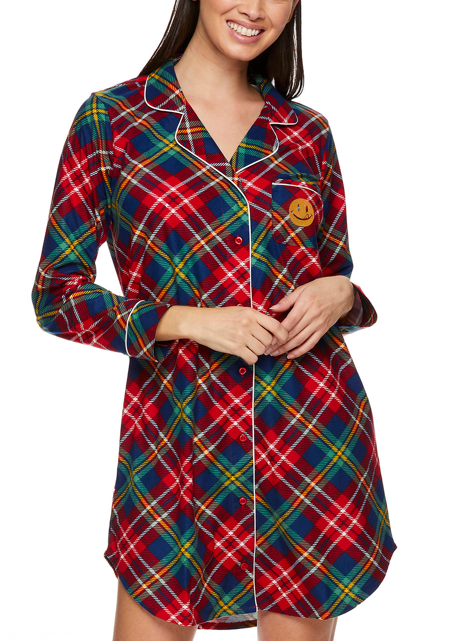 Red Plaid Long Sleeve Pajama Sleep Shirt