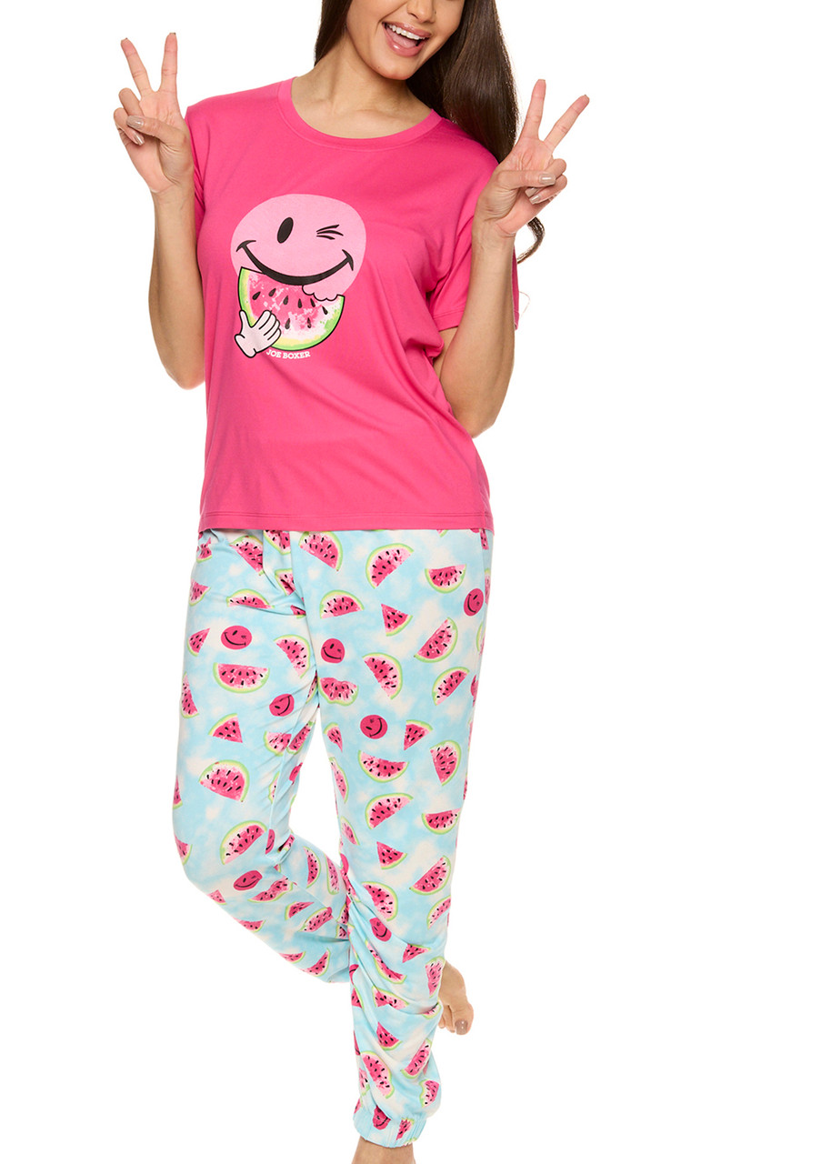 Joe Boxer Bright Pink Watermelon Licky Short Sleeve Jogger Pant Pajama Set