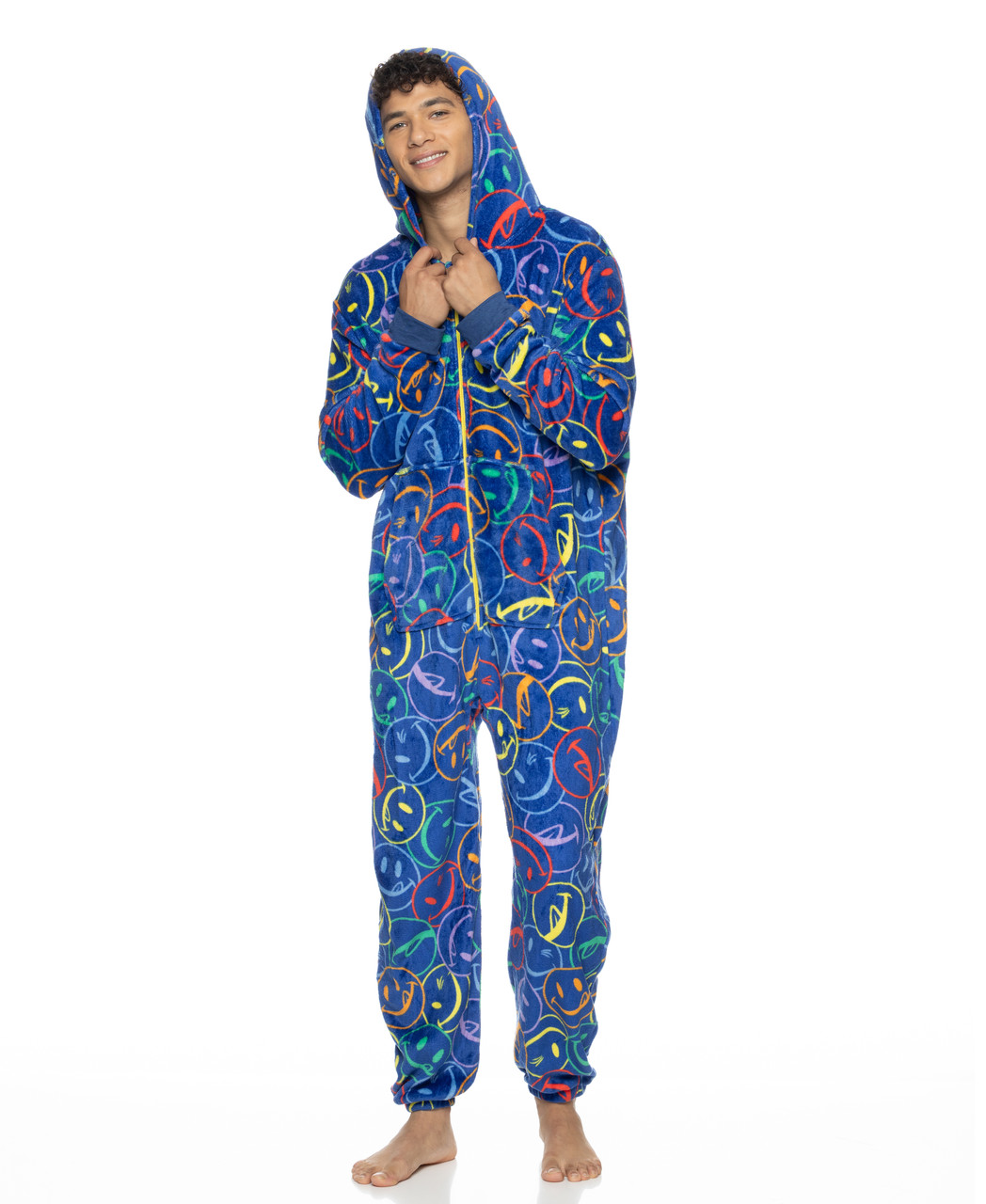 Navy-Blue Plush Hooded Footed Onesie Pajamas for Men & Women