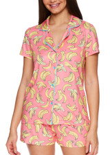 Coral "Bananas" Satin Pajama Short-Sleeve Shirt & Shorts Sleep Set