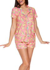 Coral "Bananas" Satin Pajama Short-Sleeve Shirt & Shorts Sleep Set