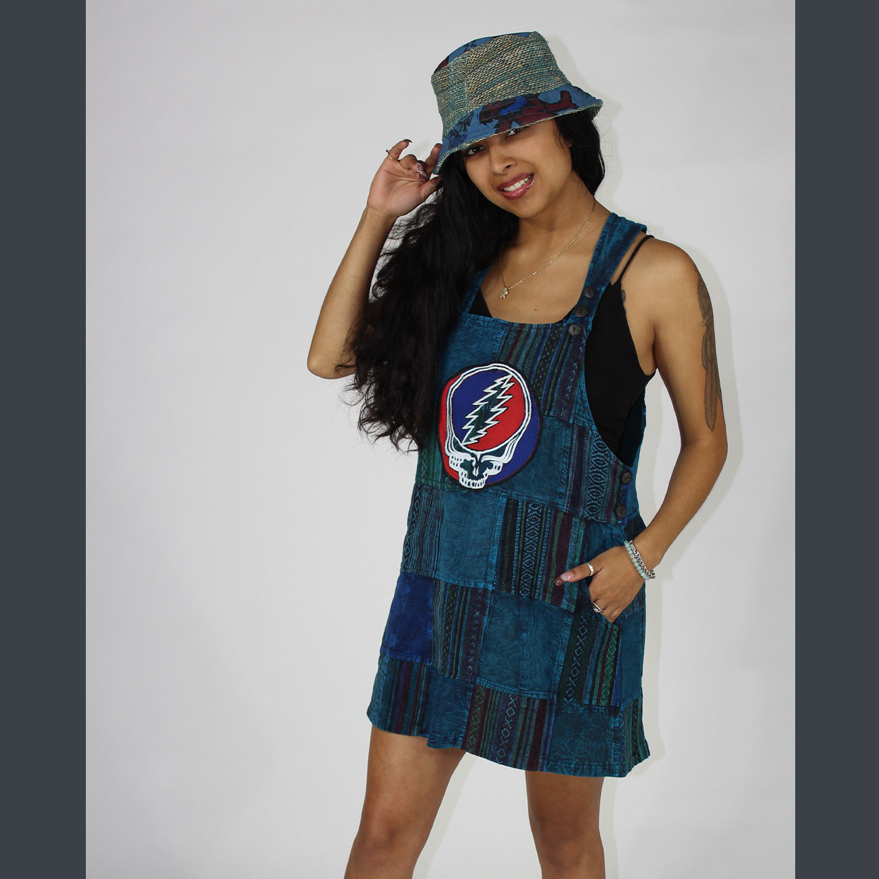 NEED A MIRACLE MINI DRESS Heavy Cotton Patchwork Overall Mini Dress  w/Grateful Dead Steal Your Face Applique' Adjustable Strap & Pockets -  Wholesale Jayli Imports Inc