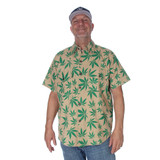 BOOMER SHIRT Cotton Short Sleeve Button Up Shirt w/ Pot Leaf & Mushroom Print