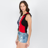 MINNIE VEST Cotton Lace Up Hooded Grateful Dead Top Red\Blue With SYF Applique