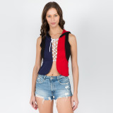 MINNIE VEST Cotton Lace Up Hooded Grateful Dead Top Red\Blue With SYF Applique