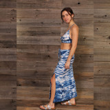 MAKING WAVES DRESS/SKIRT Cotton Lycra Blue & White Tie Dye Midi Dress w/ High Front Slit/ Long Skirt