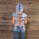 MAKING WAVES HOODY Cotton Lycra Blue & White Tie Dye Razor Cut Sleeveless Hooded Top w/Pocket  & w/ Front Pocket