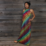 IN THE BRIGHT LIGHT MAXI DRESS Rayon Spandex Maxi Dress w/ Spaghetti Tie Back Straps  Green Rainbow Tie Dye