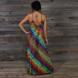 IN THE BRIGHT LIGHT MAXI DRESS Rayon Spandex Maxi Dress w/ Spaghetti Tie Back Straps  Green Rainbow Tie Dye