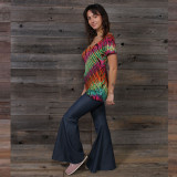 IN THE BRIGHT LIGHT FRINGE  Rayon Spandex Criss Cross Back Short Sleeve Top Green Rainbow Tie Dye