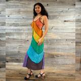 HAPPY DAY MAXI DRESS Stonewash Sinker Cotton  Rainbow Panel Patchwork Maxi Dress w/ & Pico Hem