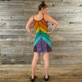 HAPPY DAY MINI DRESS Light Stonewash Sinker Cotton Reverse Chevron Rainbow Panel Patchwork Mini Dress & Pico Hem