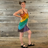 HAPPY DAY MINI DRESS Light Stonewash Sinker Cotton Reverse Chevron Rainbow Panel Patchwork Mini Dress & Pico Hem