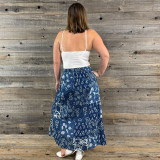 INDIGO GARDEN MAXI SKIRT -Cotton Indigo Dye Print Patchwork Maxi Skirt w/ Front Pockets