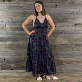 TEA FOR TWO MAXI DRESS - Rayon Crepe Faux Patchwork Print Maxi Halter Dress w/ Bottom Ruffle