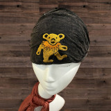Grateful Dead Embroidered Bear Cotton Stonewashed Headband With Hand Embroidery - Sold Singly