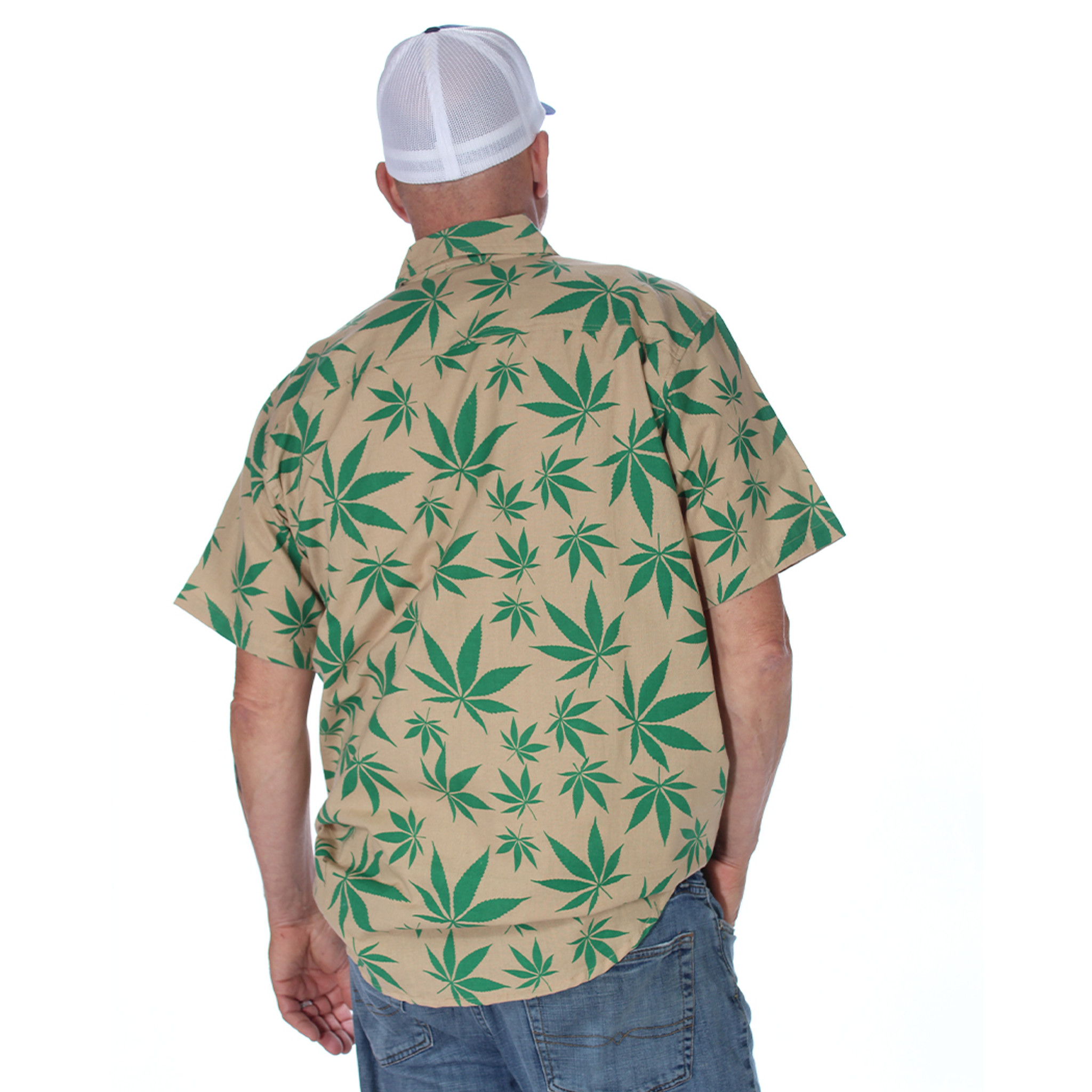 BOOMER SHIRT Cotton Short Sleeve Button Up Shirt w/ Pot Leaf & Mushroom Print