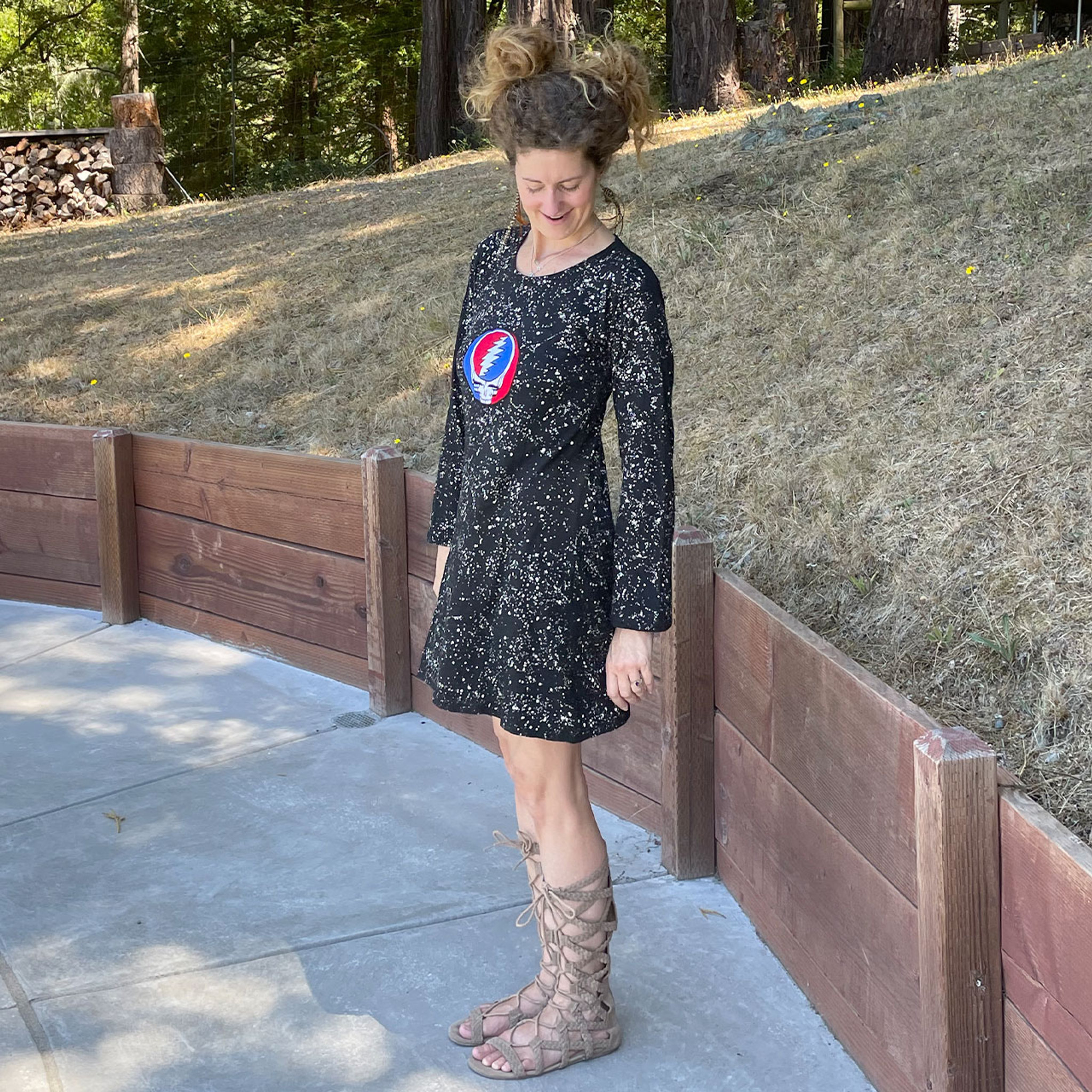 DARK STAR DRESS Cotton Long Sleeve Mini Dress w/ Splatter & SYF Print Black