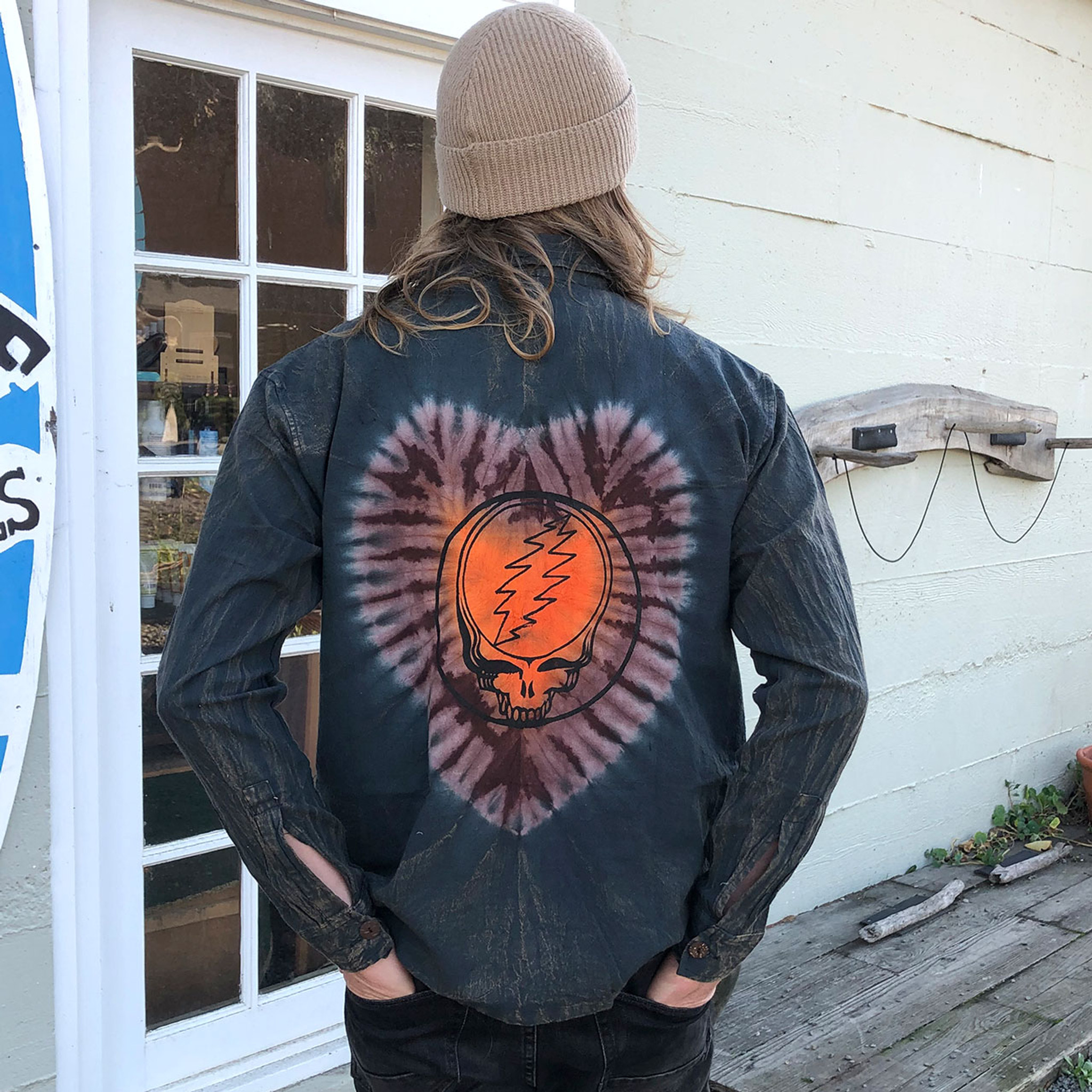 Grateful Dead Fine Cotton ALABAMA GETAWAY SHIRT Men's Stonewash Button Up Long Sleeve Shirt w/ Bolt Embroidery & Tie Dye Burst & SYF Print On The Back