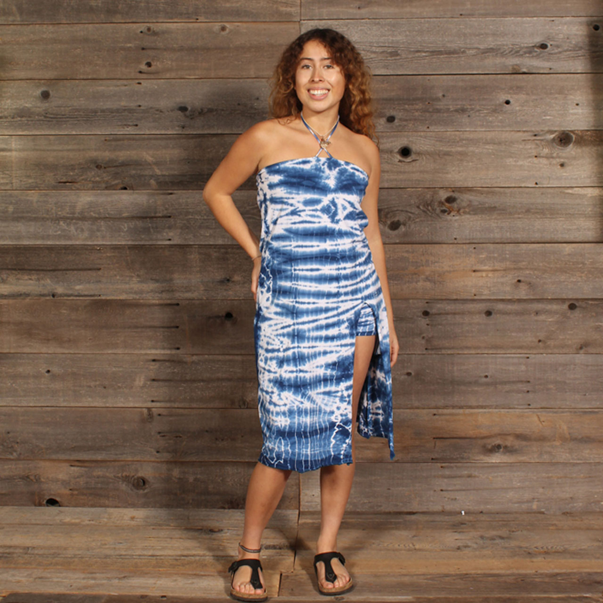 MAKING WAVES DRESS/SKIRT Cotton Lycra Blue & White Tie Dye Midi Dress w/ High Front Slit/ Long Skirt