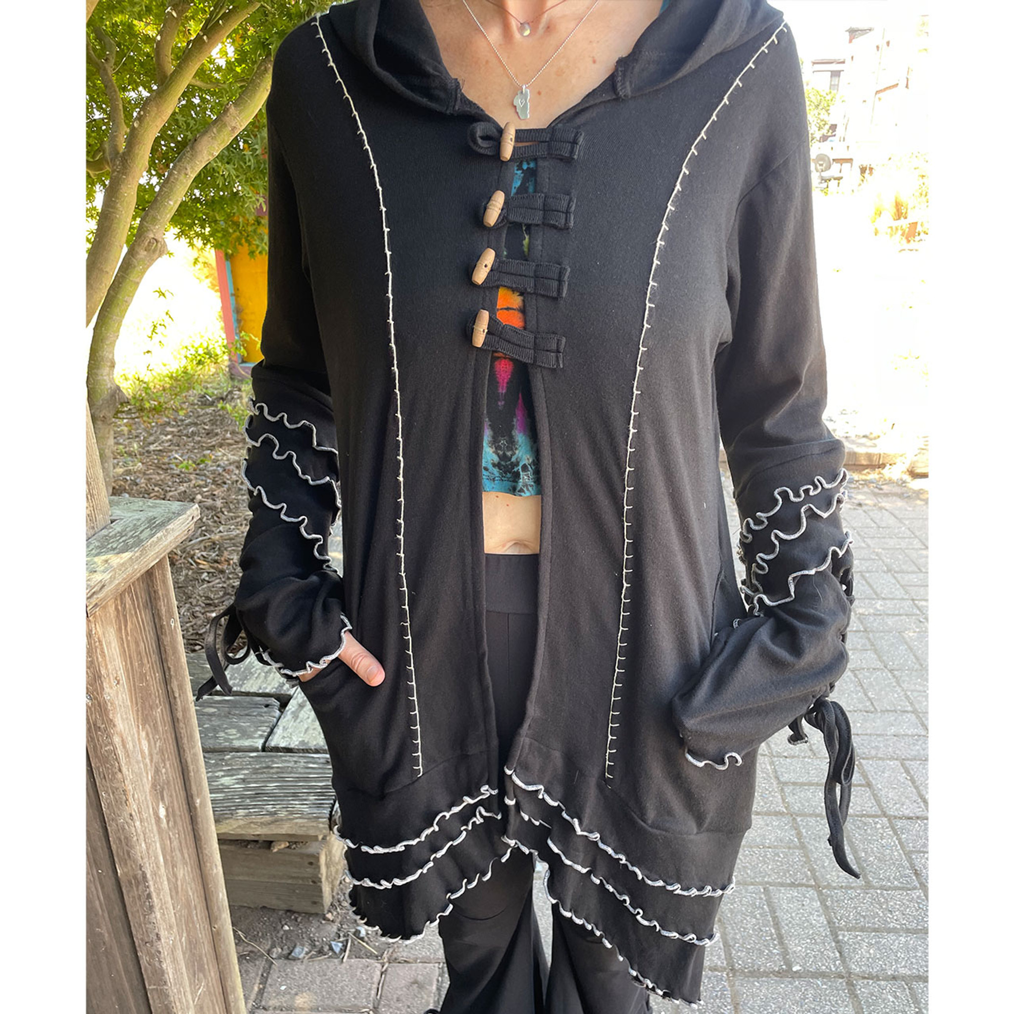 STITCH IN TIME COVER UP Cotton Multi Ruffle Hooded Cover Up Jacket  w/ Side Pockets & Outer Stitching