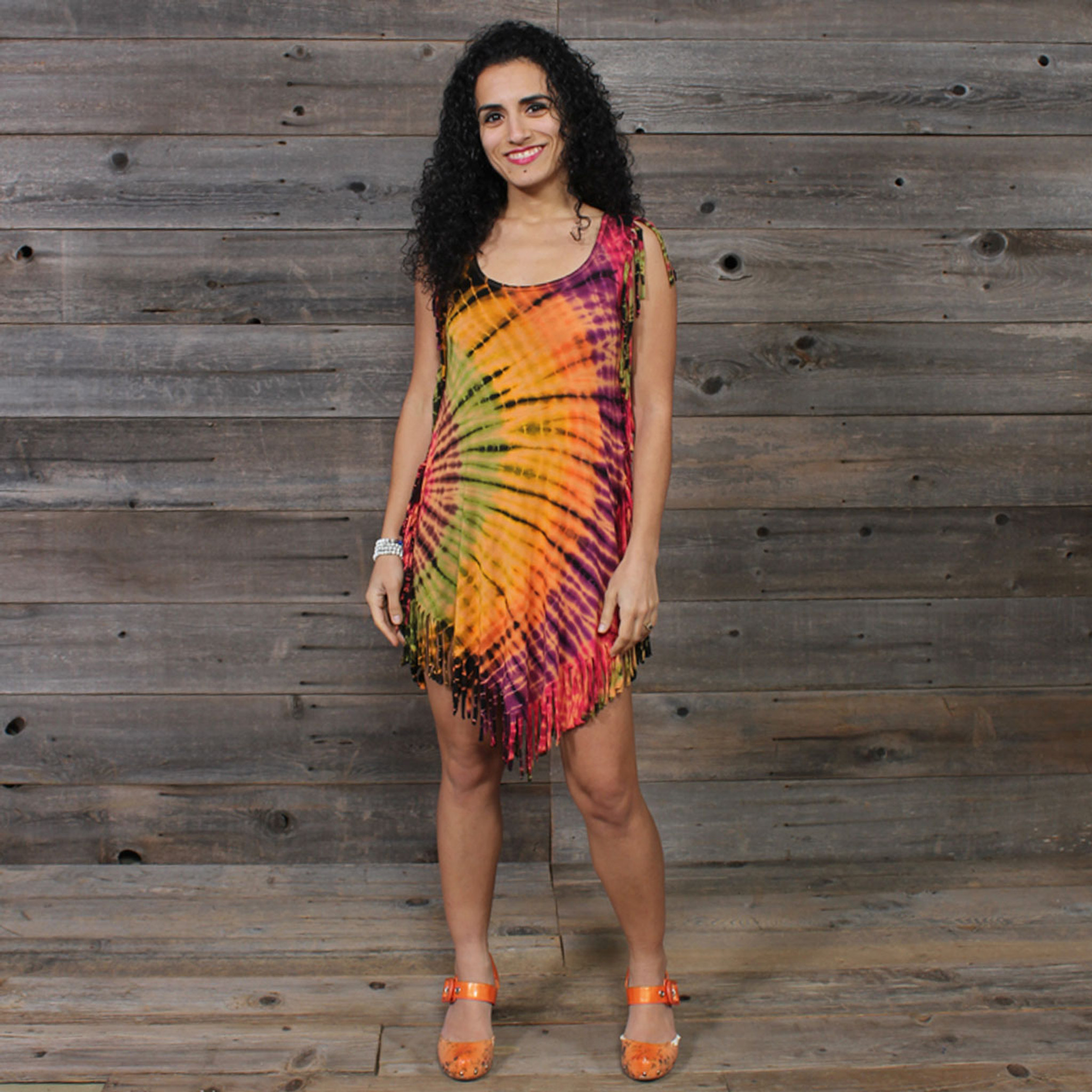 ORANGE SUNSHINE MINI DRESS Rayon Spandex Fringe Mini Dress Sunshine Rainbow Tie Dye