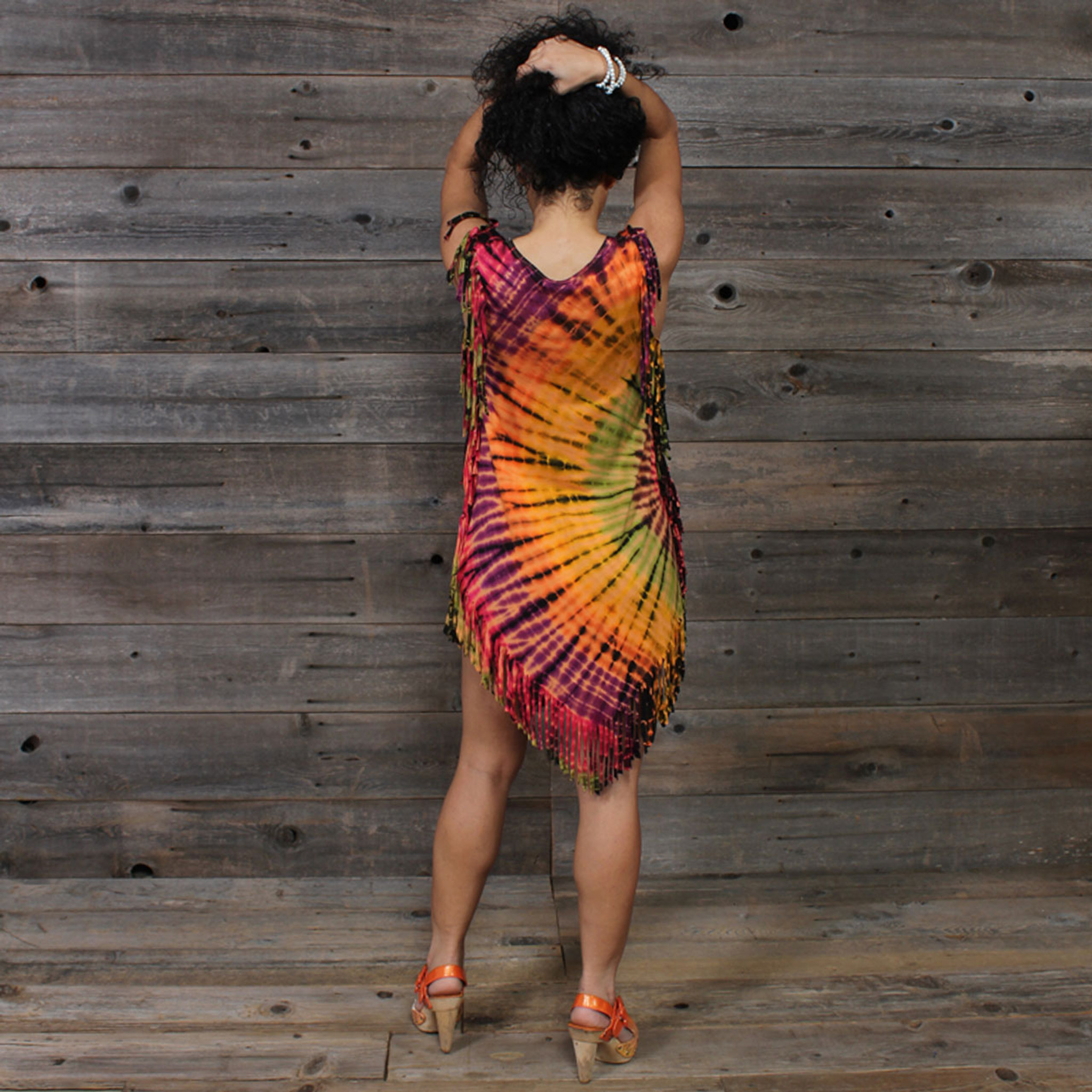 ORANGE SUNSHINE MINI DRESS Rayon Spandex Fringe Mini Dress Sunshine Rainbow Tie Dye