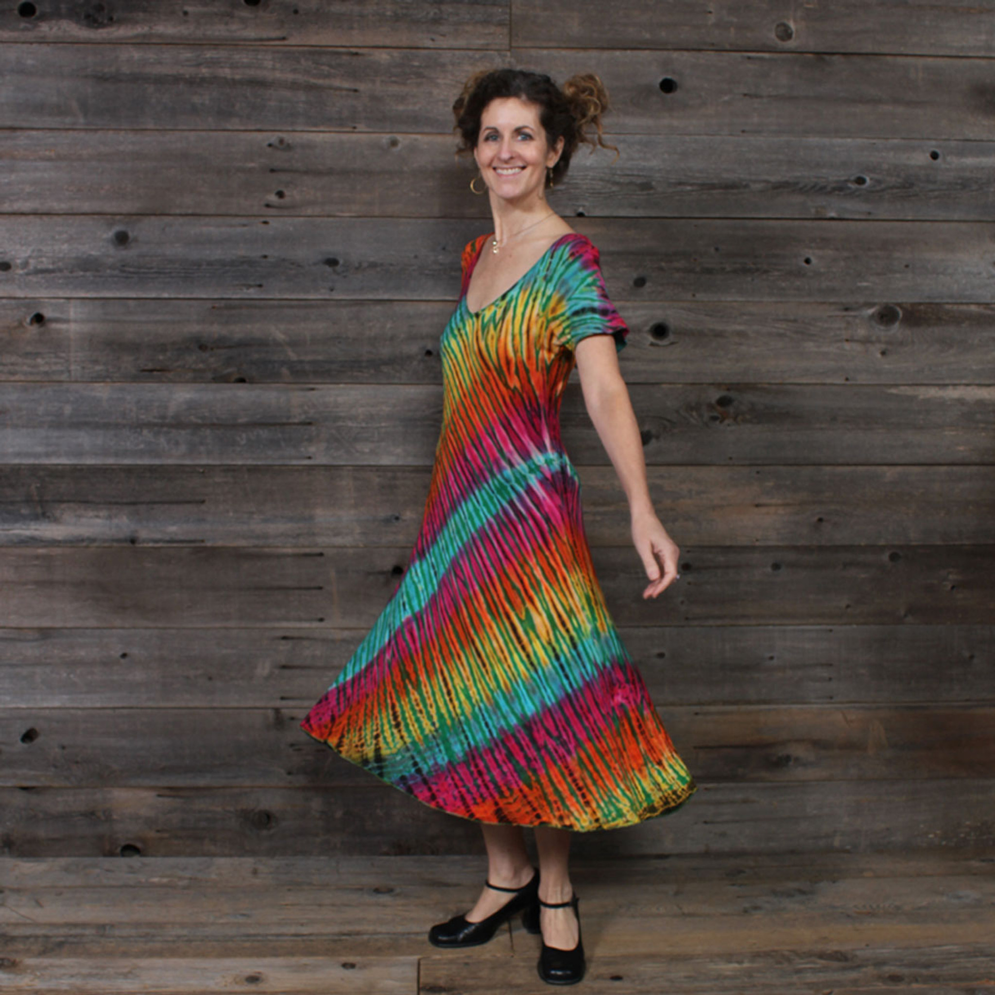 IN THE BRIGHT LIGHT SHORT DRESS Rayon Spandex Short Sleeve Short Dress Green Rainbow Tie Dye