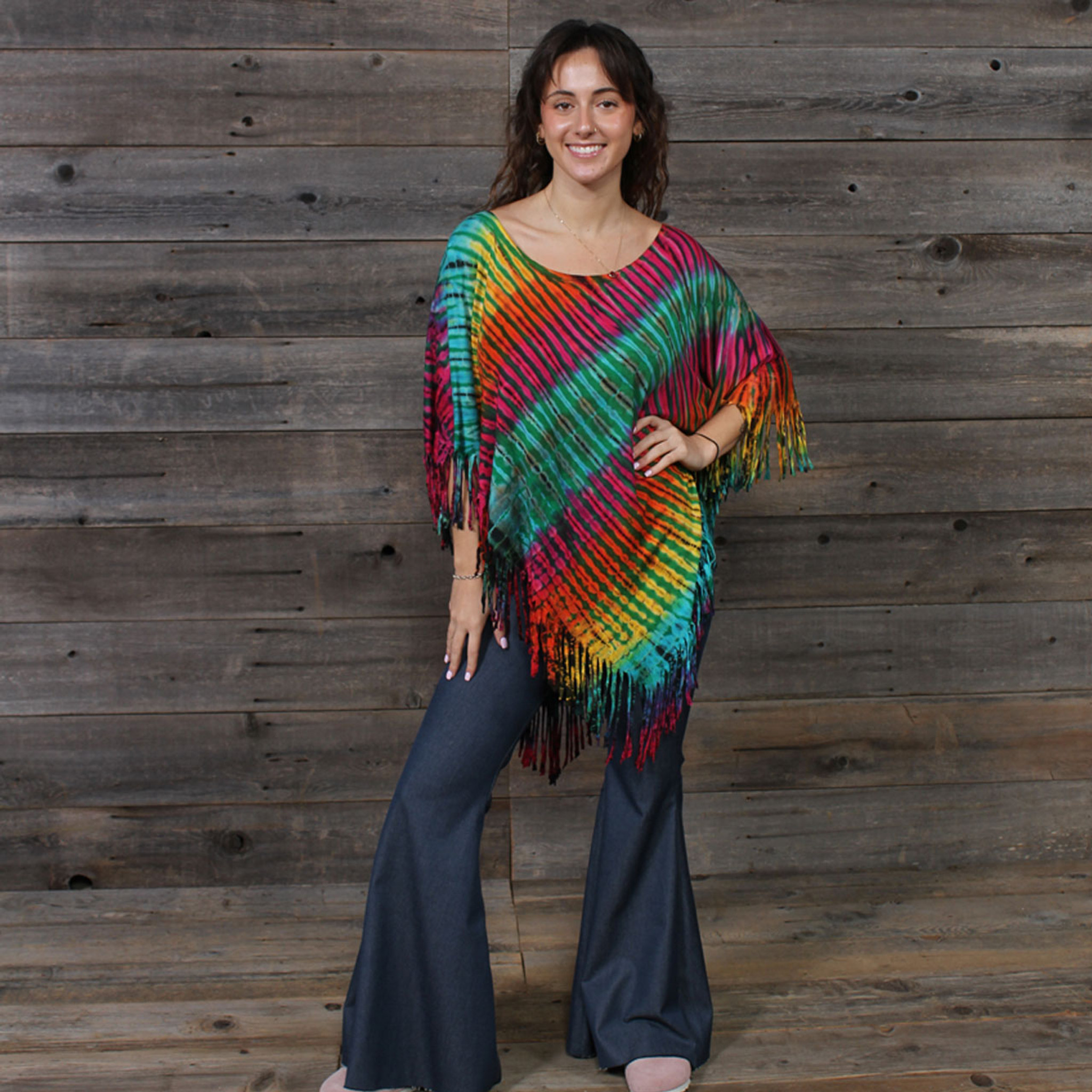 IN THE BRIGHT LIGHT FRINGE PONCHO Rayon Spandex Fringe Poncho Top Green Rainbow Tie Dye