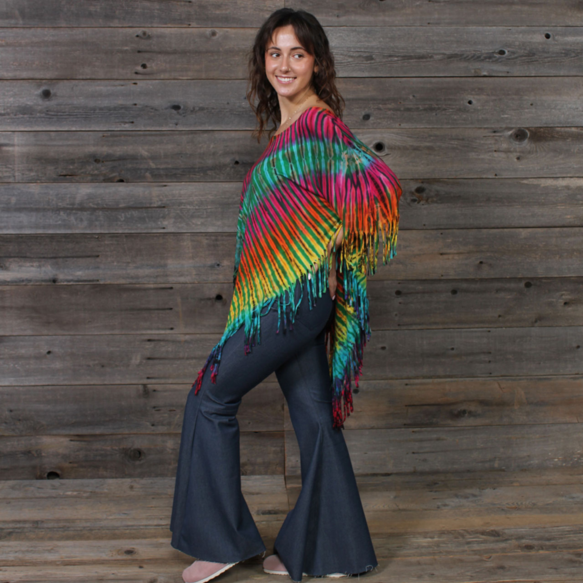IN THE BRIGHT LIGHT FRINGE PONCHO Rayon Spandex Fringe Poncho Top Green Rainbow Tie Dye