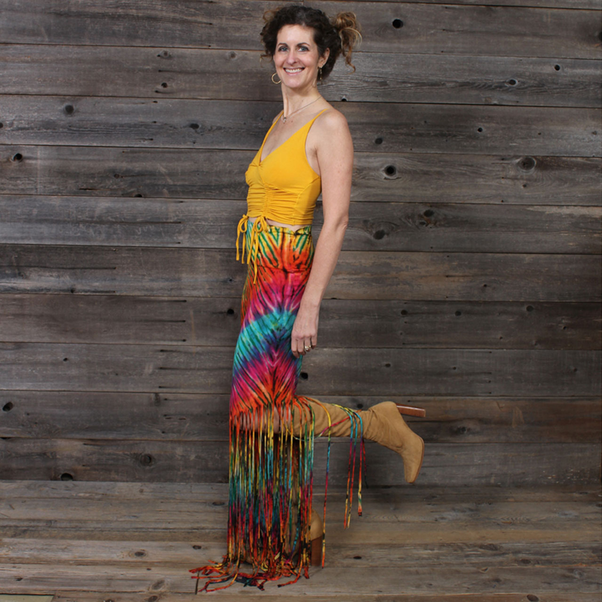 IN THE BRIGHT LIGHT FRINGE PANTS Rayon Spandex Fringe Cut Pants Green Rainbow Tie Dye