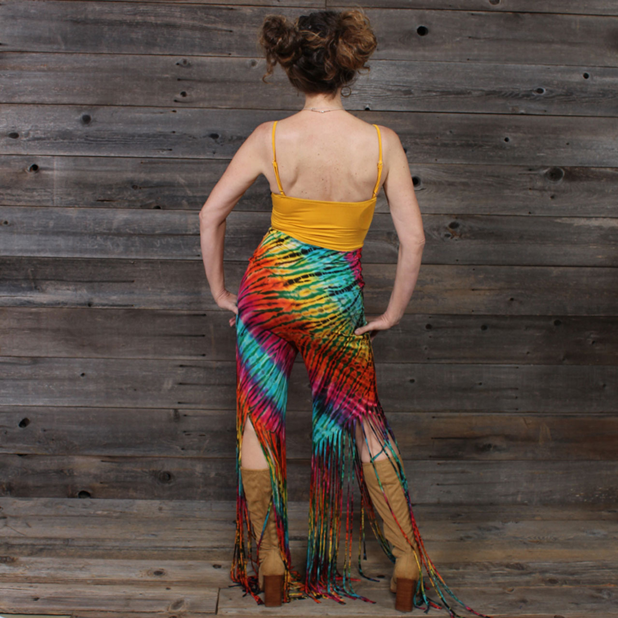 IN THE BRIGHT LIGHT FRINGE PANTS Rayon Spandex Fringe Cut Pants Green Rainbow Tie Dye