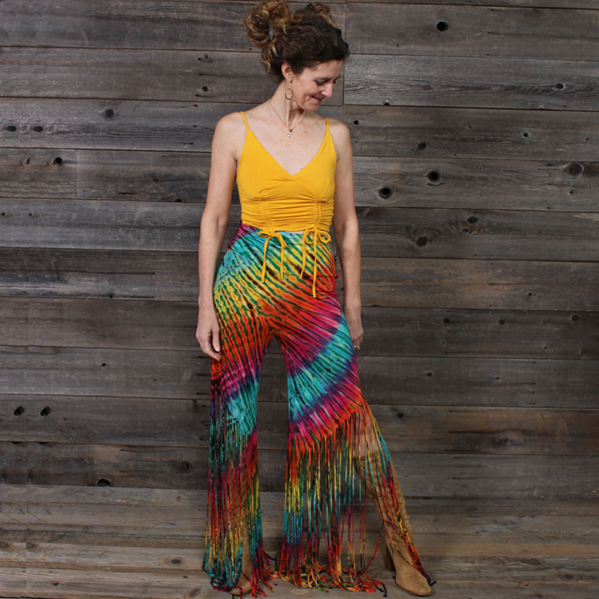 IN THE BRIGHT LIGHT FRINGE PANTS Rayon Spandex Fringe Cut Pants Green Rainbow Tie Dye