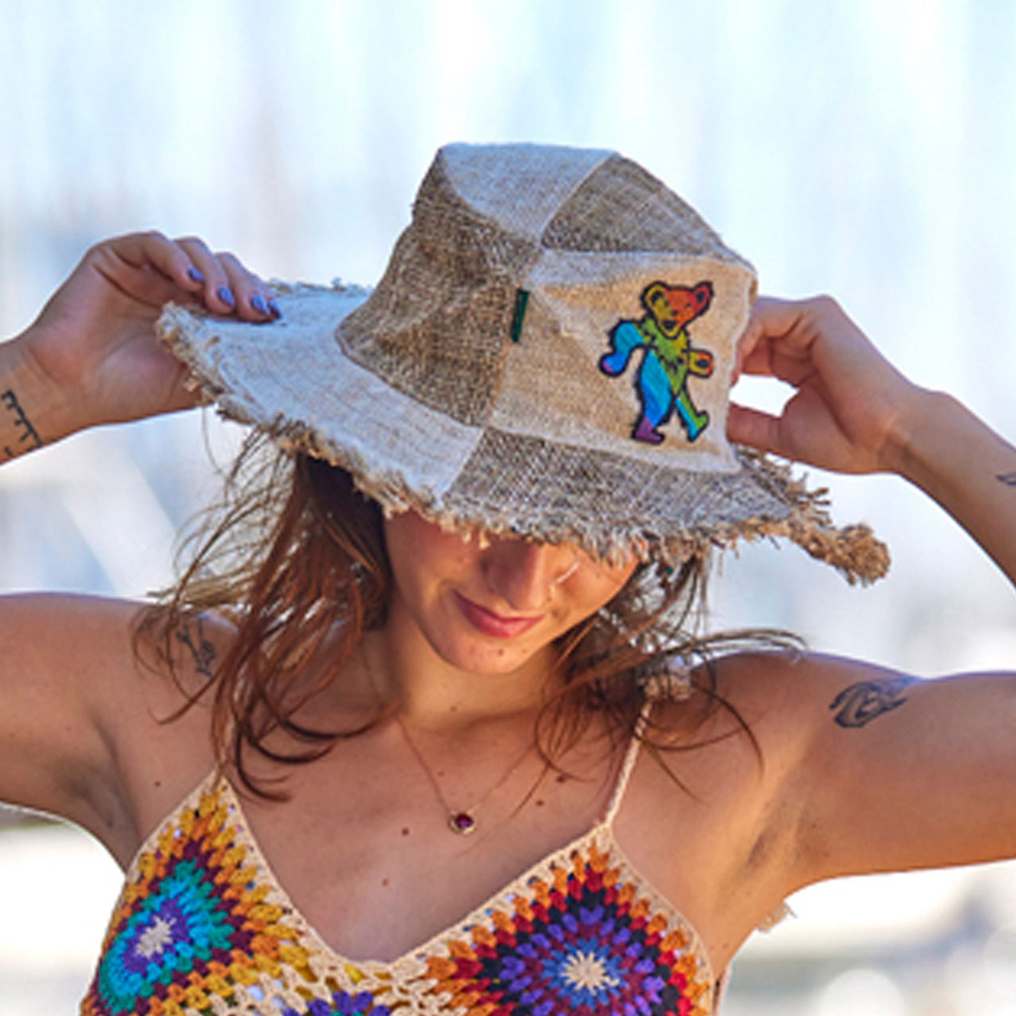 Hemp Hat with Gratefule Dead Rainbow Bear Embroidery