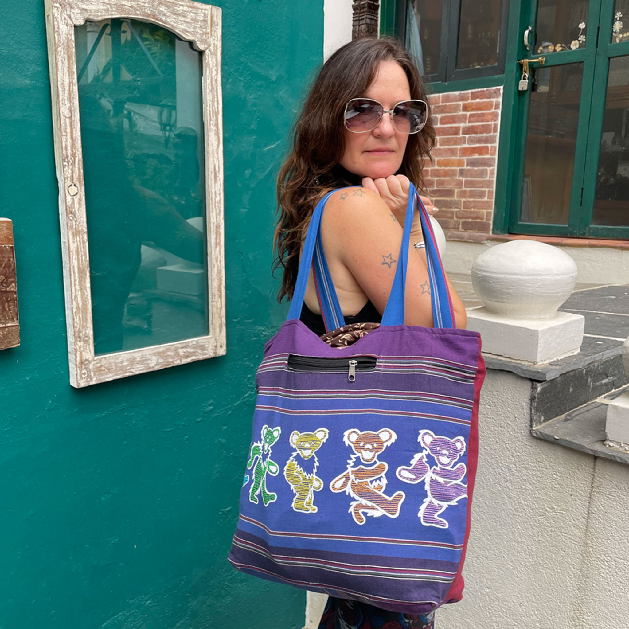 Cotton Khadar Tote Bag With Grateful Dead Bear Print