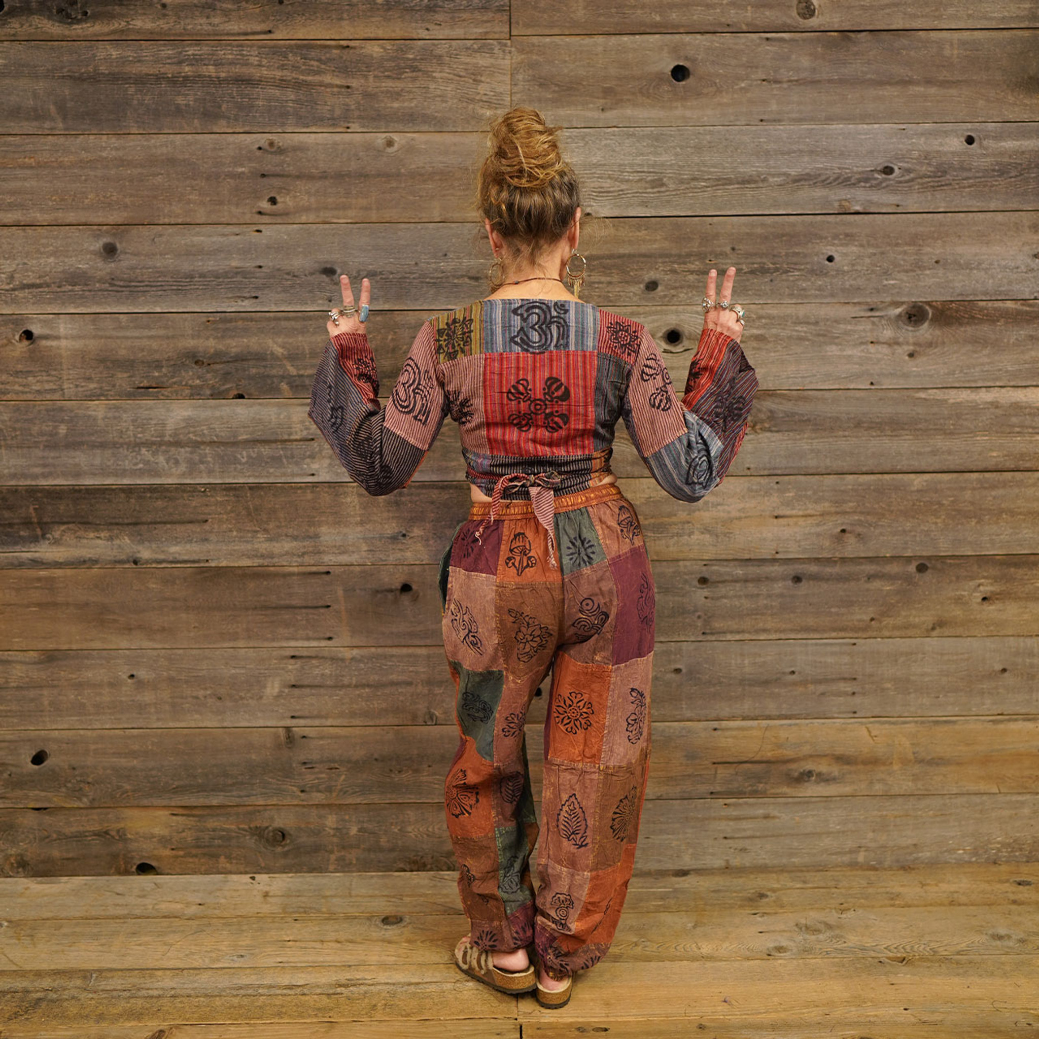 ON THE BLOCK HAREM PANTS Fine Cotton Patchwork w/ Block Print Harem Pants w/ Elastic Waist &  Pockets