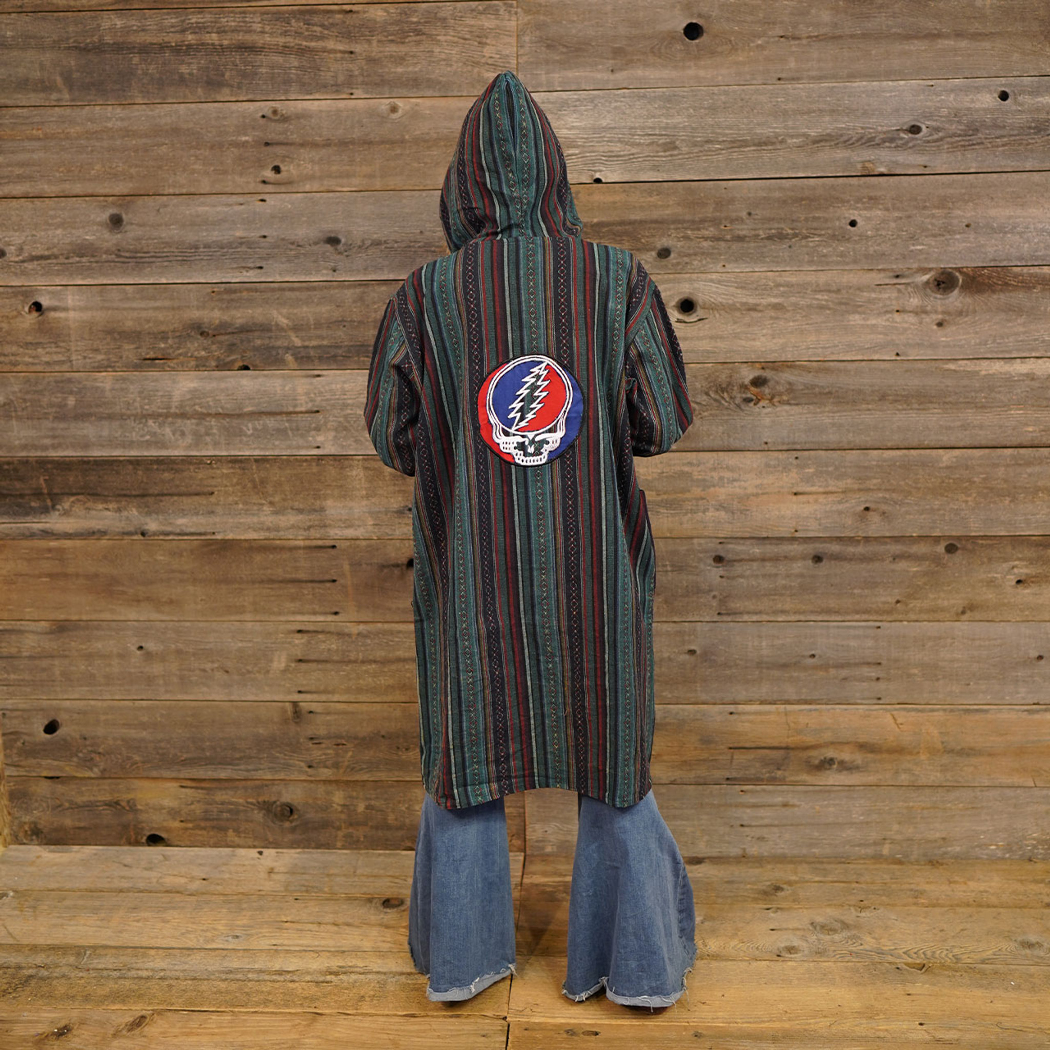 GOIN' DOWN THE LINE JACKET Striped Heavy Cotton Hooded Long Jacket w/ Back Grateful Dead Streal Your Face Applique'