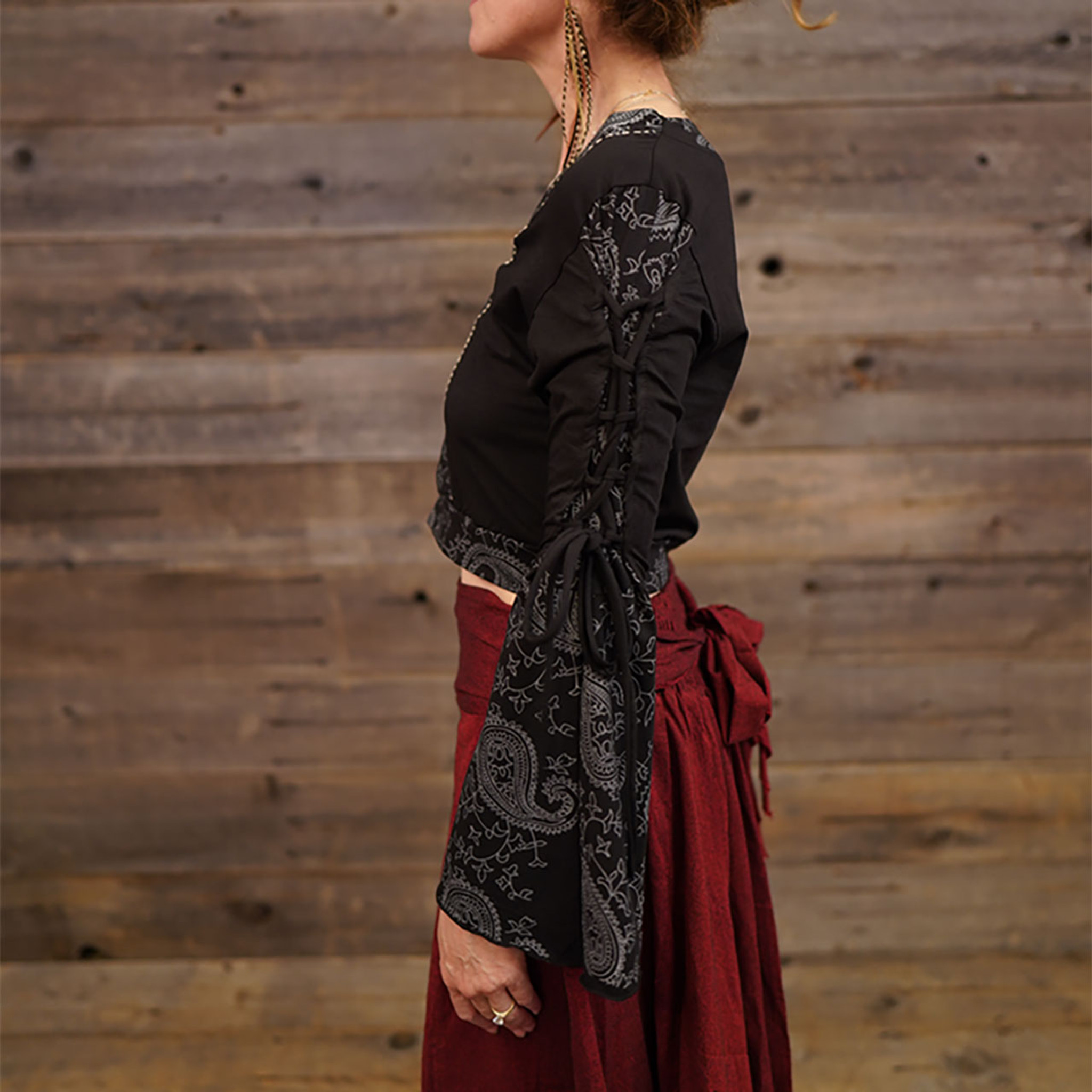 PAISLEY WAY TOP Cotton Lycra Paisley Print Patchwork Long Bell Sleeve w/ Braids Short Top w/ Hand Stitching