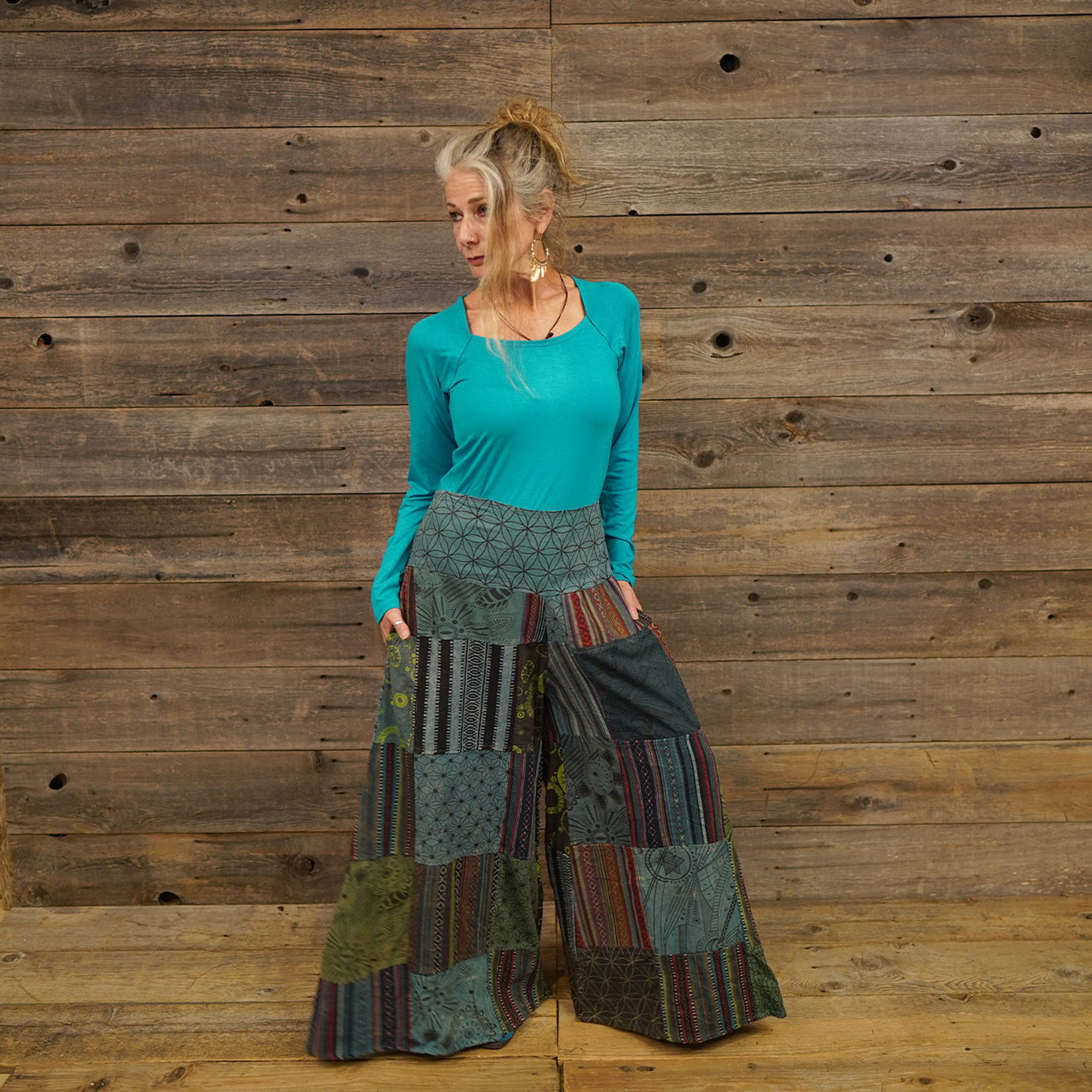 EASY RIDER WIDE PANTS Heavy Cotton Gherri + Print Patchwork Super Wide Leg Pants w/ Back Elastic & Pockets