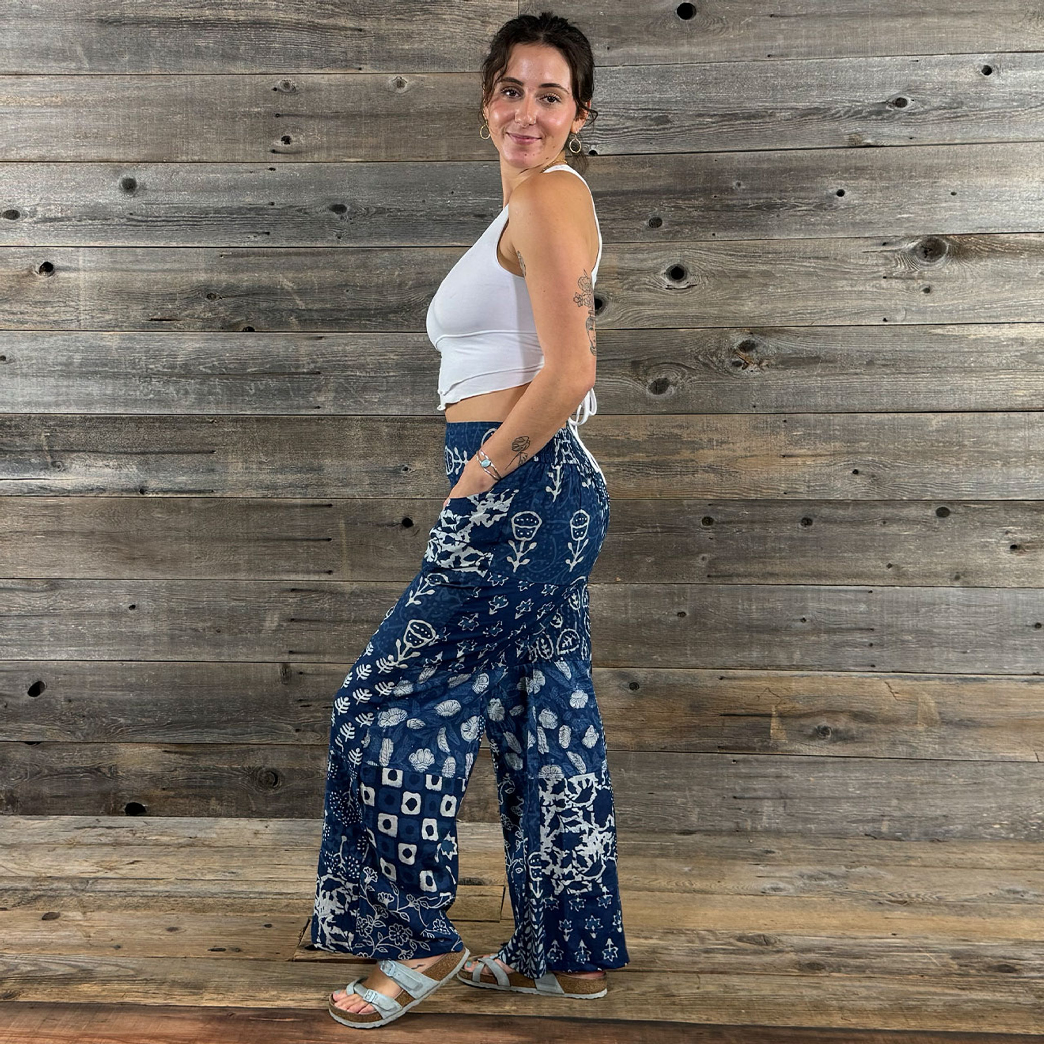 INDIGO GARDEN PANTS -Cotton Indigo Dye Print Patchwork Wide Leg Pants w/ Back Elastic & Pockets