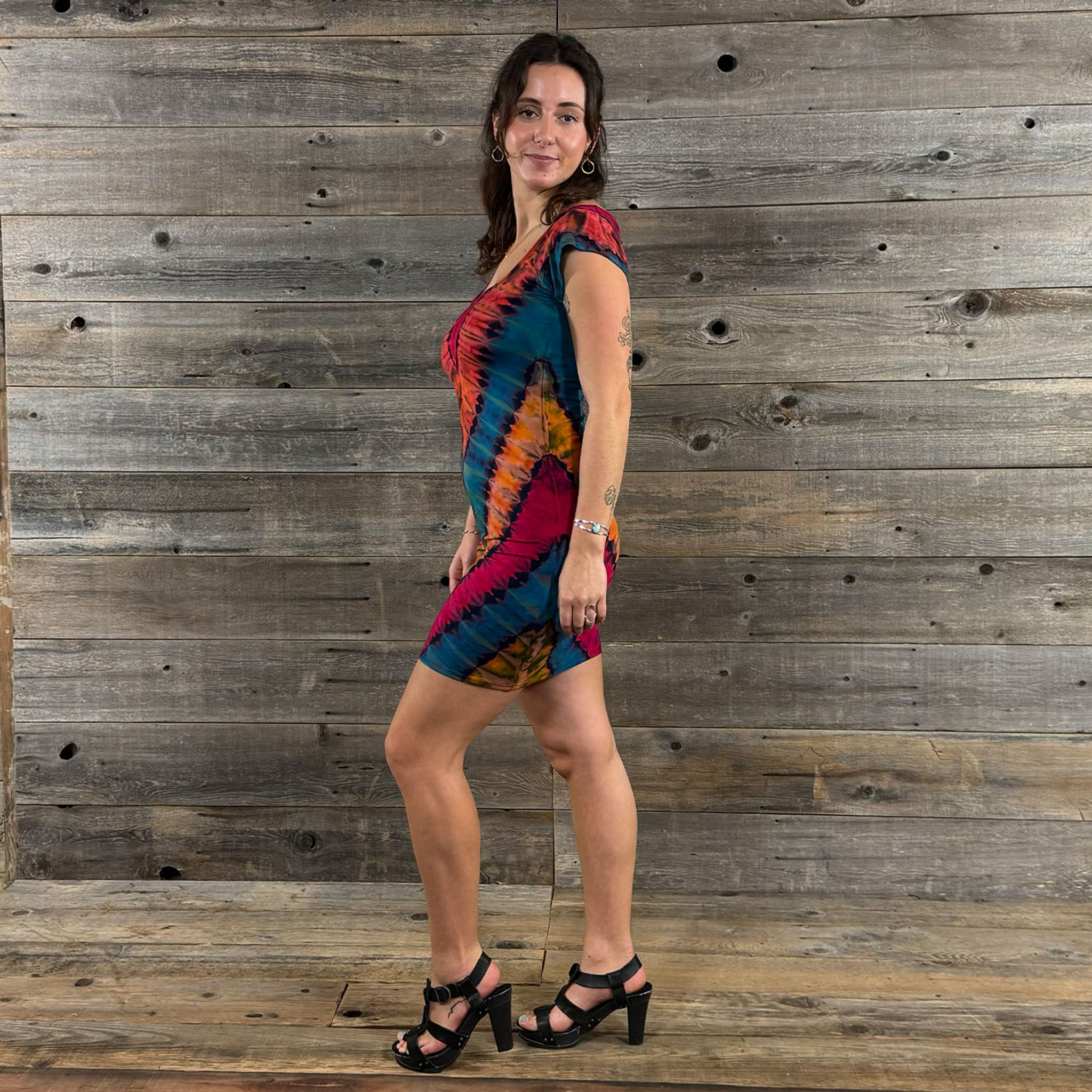 DESERT SUNSET MINI DRESS Rayon Spandex  Tie Dye Peek-A-Boo Body Con Mini Dress