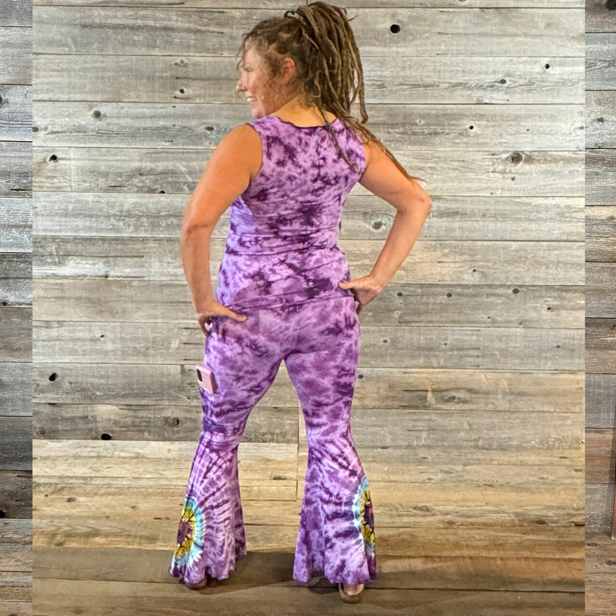 LOVE LIGHT PANTS Cotton Lycra Booty Bell Pants Tie Dye w/ Tree  Grateful Dead Steal your Face Mandala Print & Pocket Pico Hem