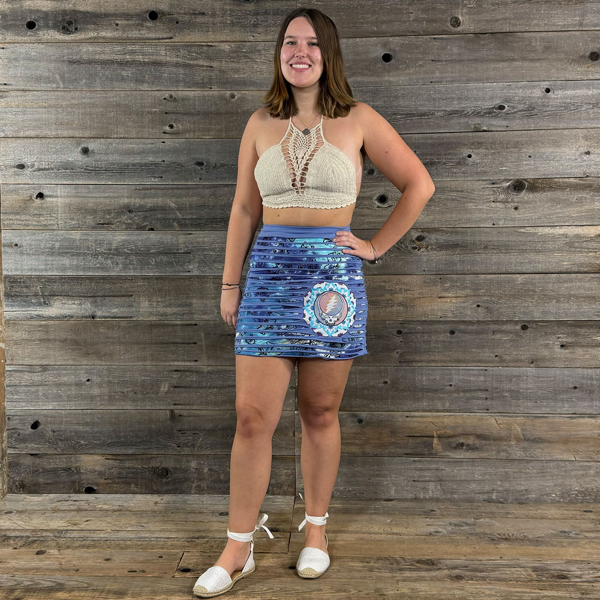 LOOSE LUCY SKIRT Grateful Dead Cotton Lycra Razor Cut Tie Dye w/ Embroidered Stael You Face Mandala Mini Skirt w/ Pocket