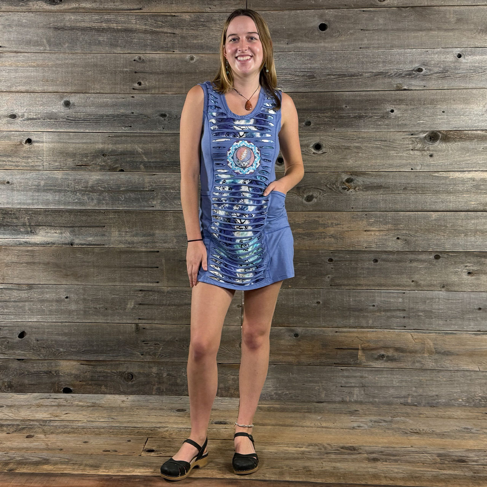 LOOSE LUCY DRESS Grateful Dead Cotton Lycra Razor Cut Tie Dye w/ Embroidered Steal Your Face Mandala Mini Dress w/ Pockets