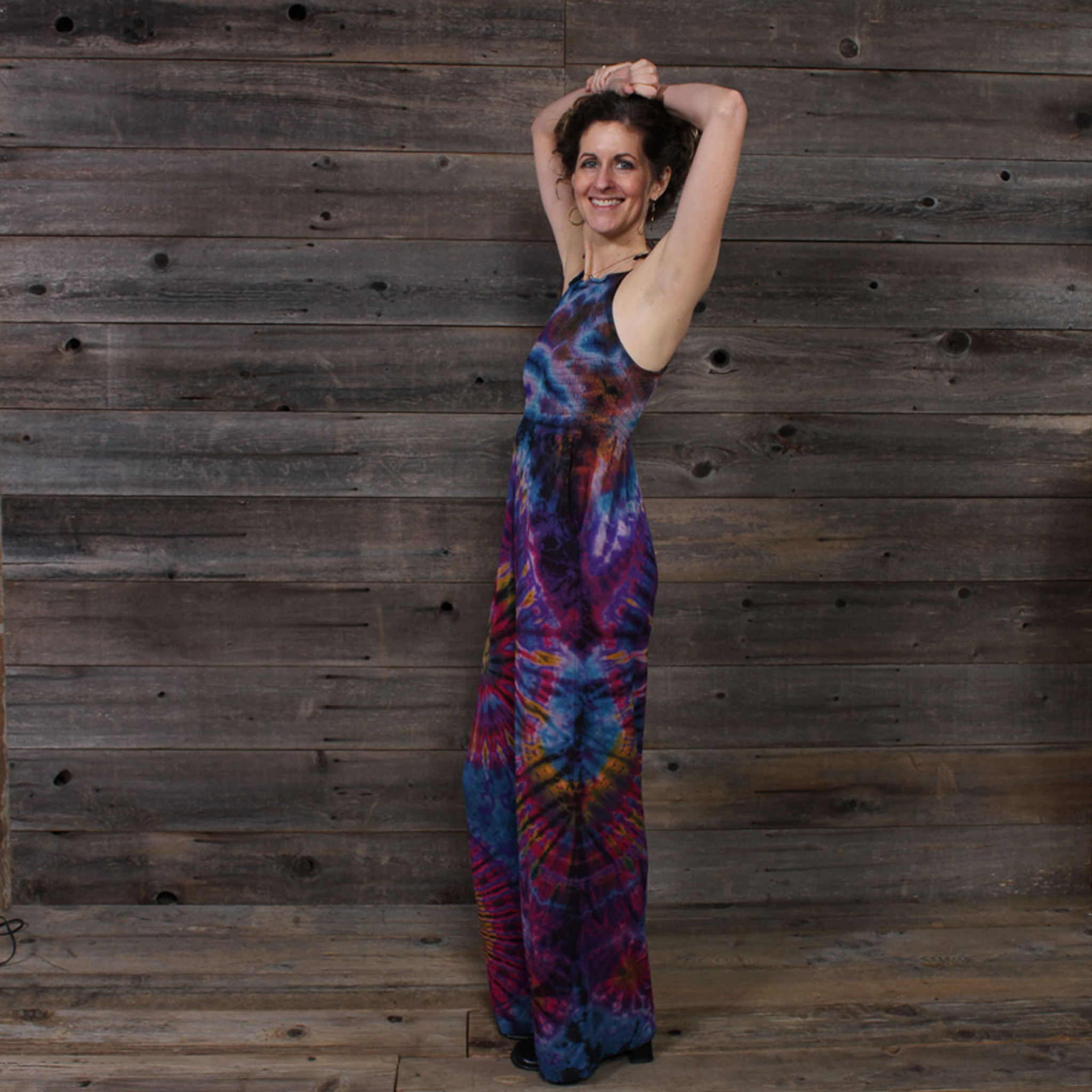 LOVE IS EVERYWHERE JUMPSUIT Spandex Rayon Mudmee Tie Dye Bobbing Top Shoulder Tie Jumpsuit w/ Pockets