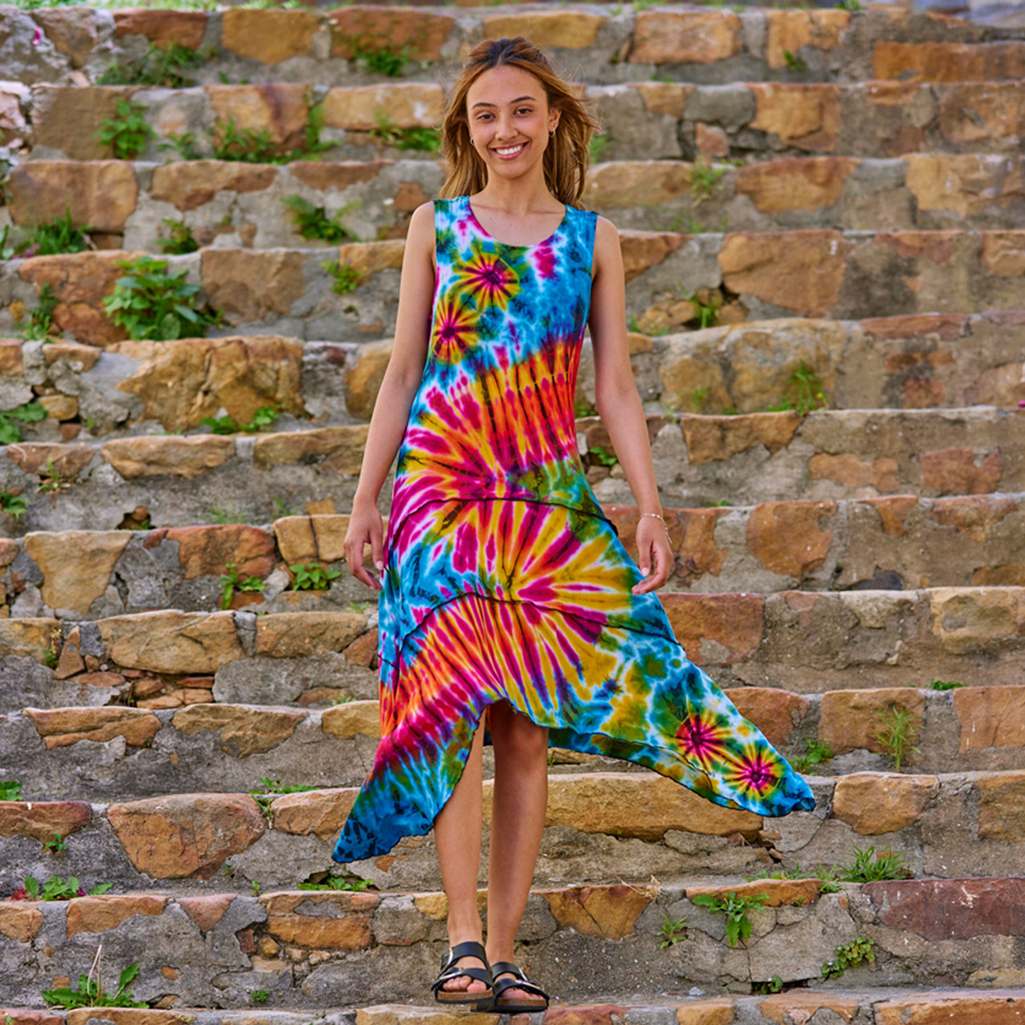 HOLD ON DRESS Spandex Rayon Mudmee Tie Dye Multi Angle Cut Layered Short Tank Dress