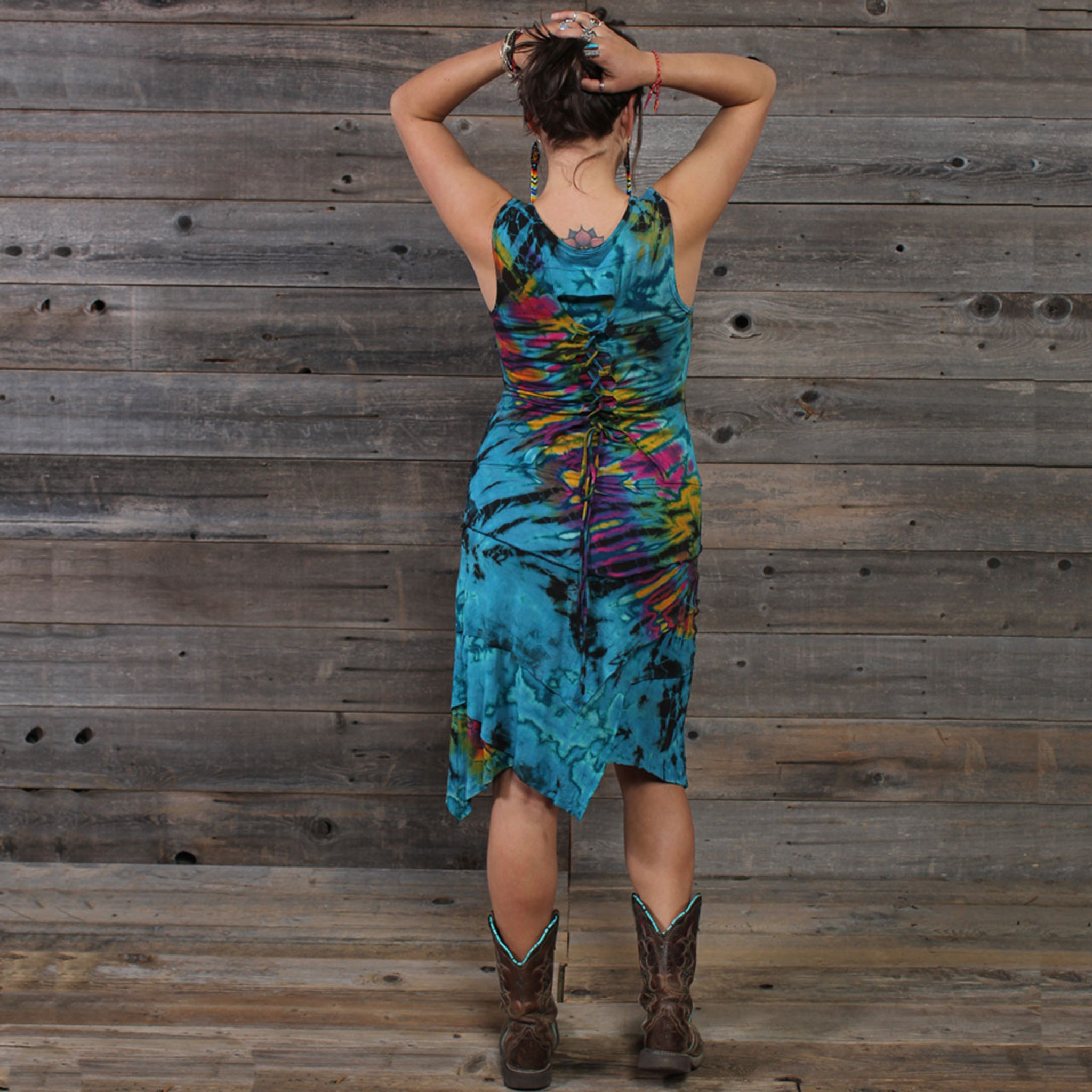 ON THE RUN DRESS Spandex Rayon Mudmee Tie Dye Corset Back Short Tank Dress