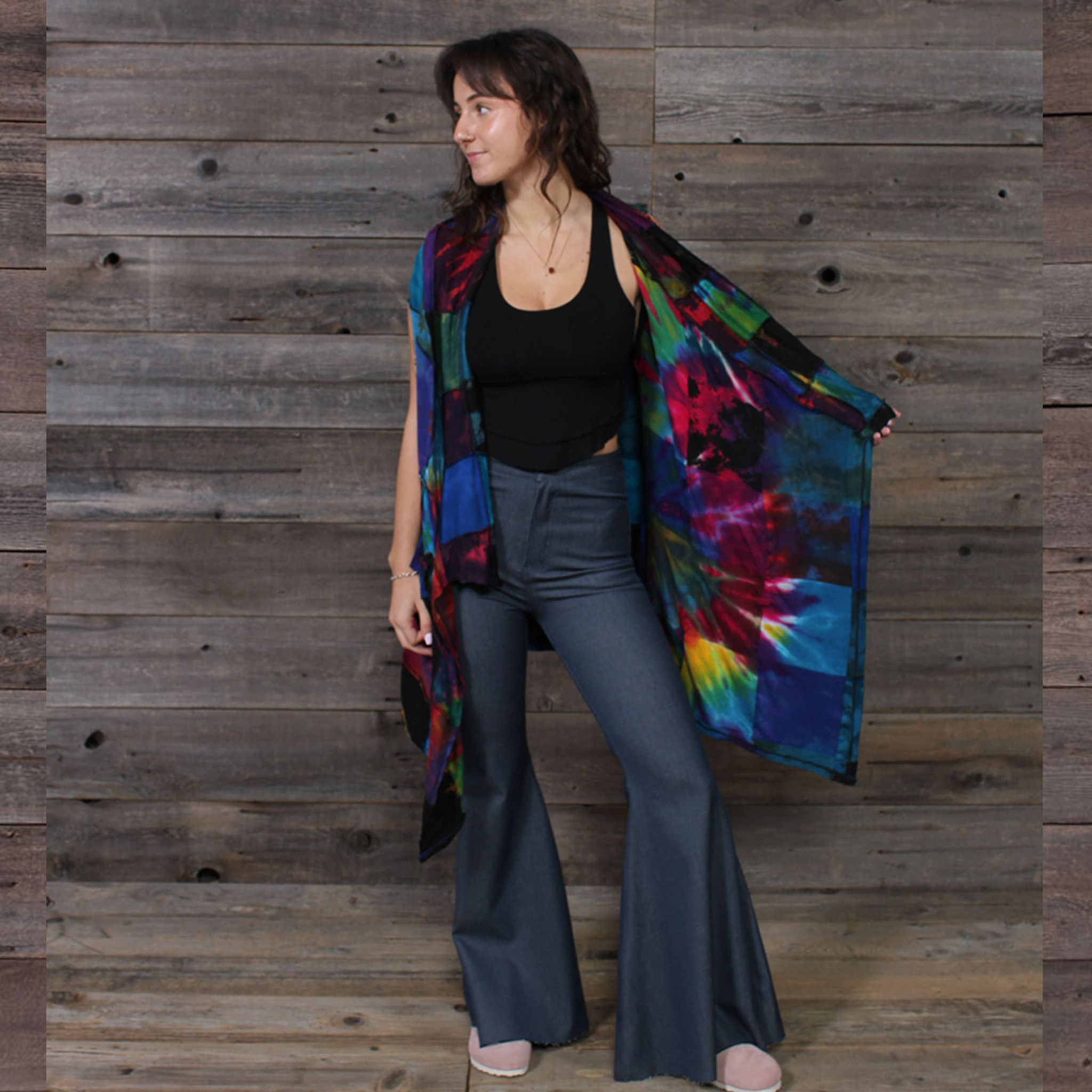 WILD RAINBOW VEST Spandex Rayon Mudmee Tie Dye Pachwork Angle Cut Reversible Vest w/ Outside Pockets