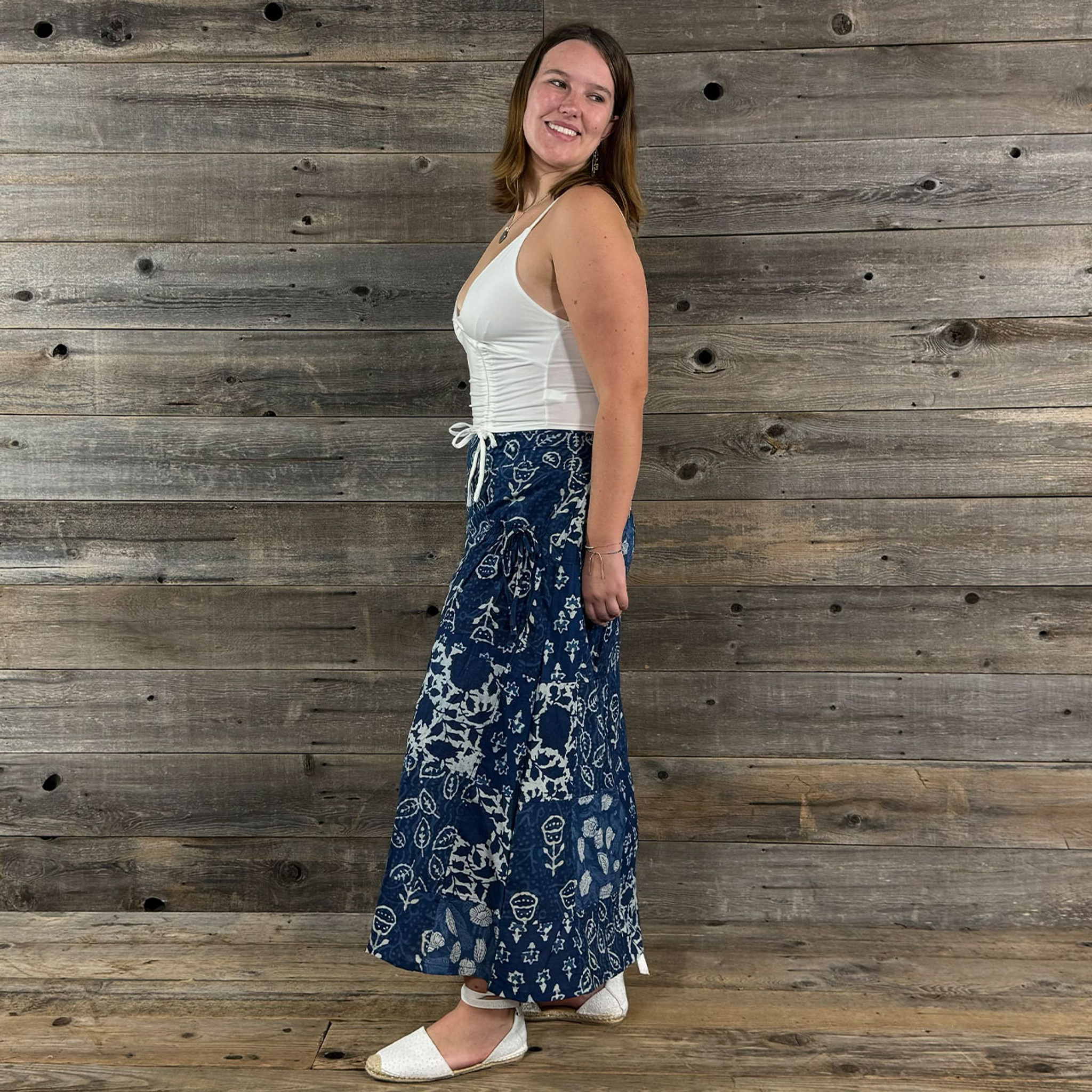 INDIGO GARDEN MAXI SKIRT -Cotton Indigo Dye Print Patchwork Maxi Skirt w/ Front Pockets